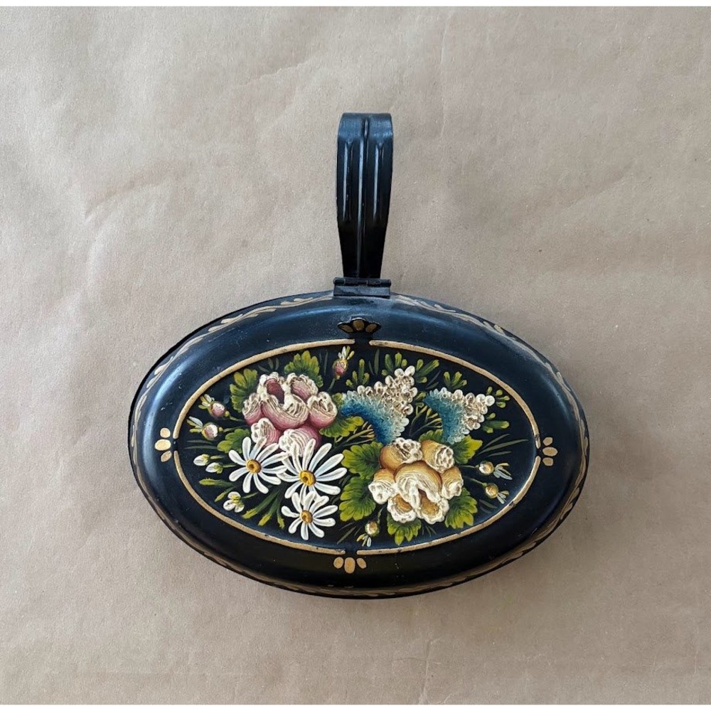 Vintage Hand Painted Toleware Silent Butler Crumb Catcher Signed Primitive Folk